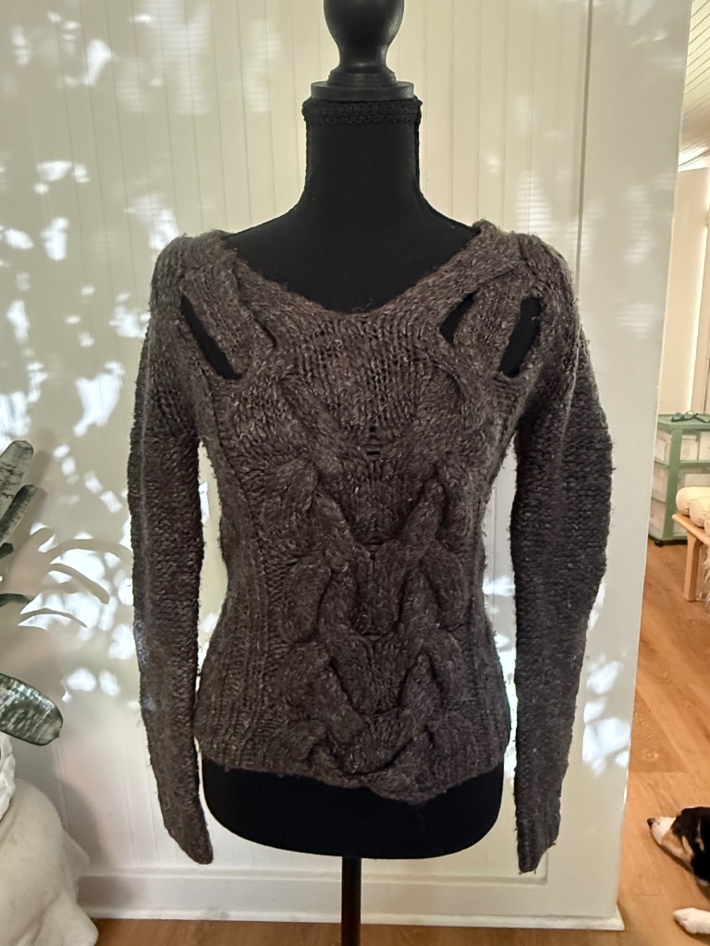 AllSaints Wool Blend Cable Knit Sweater Cutout Shoulder Back Slash UK8/US4
